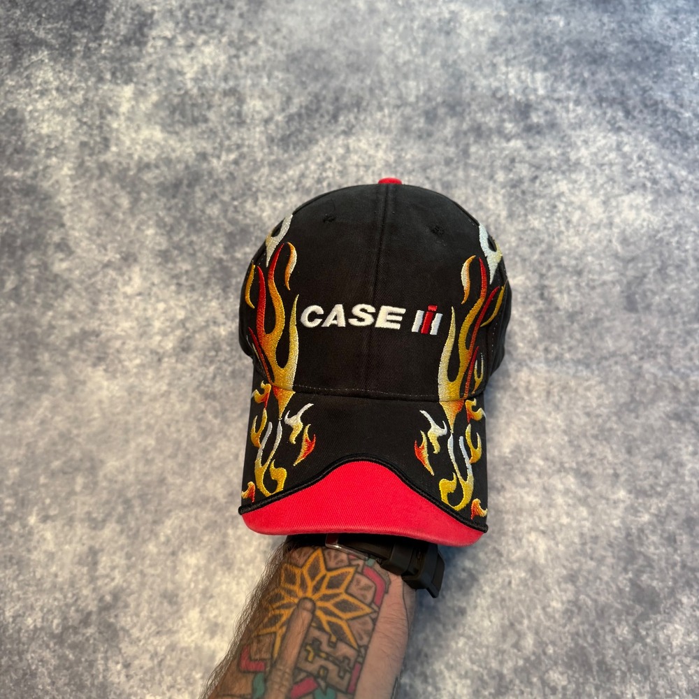 Case IH Agriculture Hat Cap Black Red Yellow Flame Embroidered Racing Adjustable